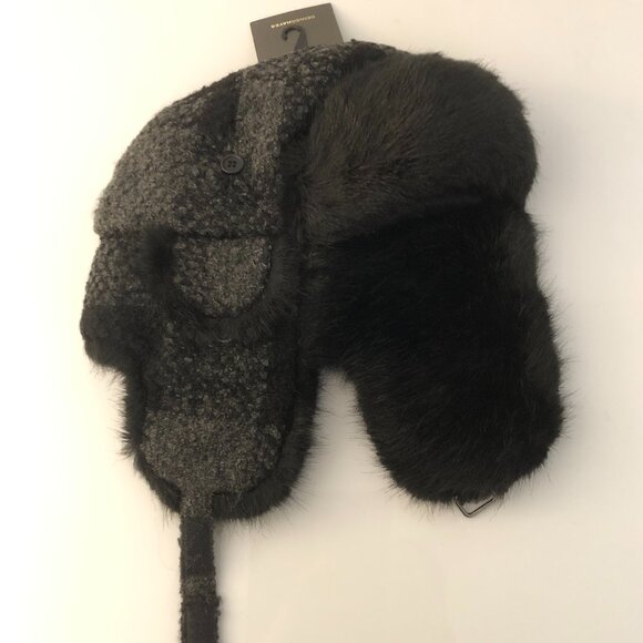 Denver Hayes Wool Blend Trapper hat - Black & gray pattern with black faux fur. - Picture 1 of 10